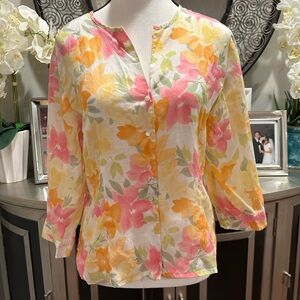 Talbots Floral Button-Front Blouse in Pink, Yellow & Cream